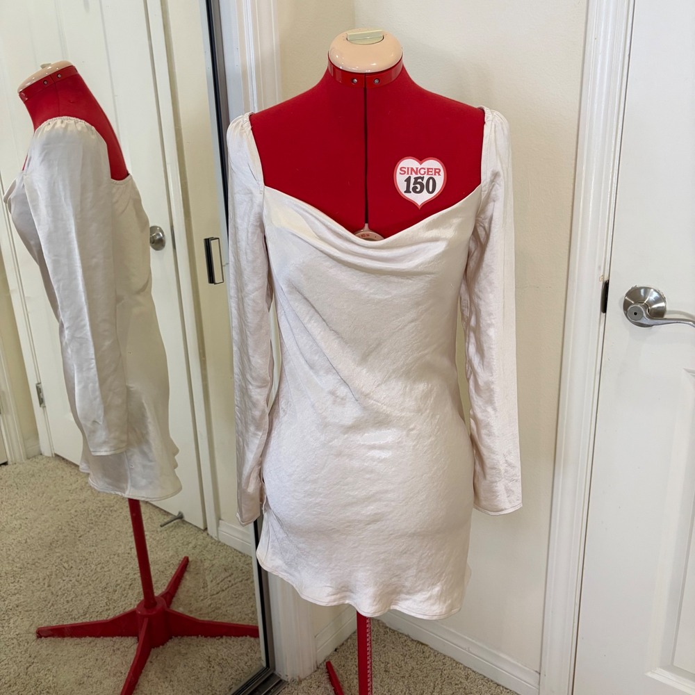 Princess Polly Star Power Mini Dress Champagne Satin Cowl Neck Long Sleeve US 2